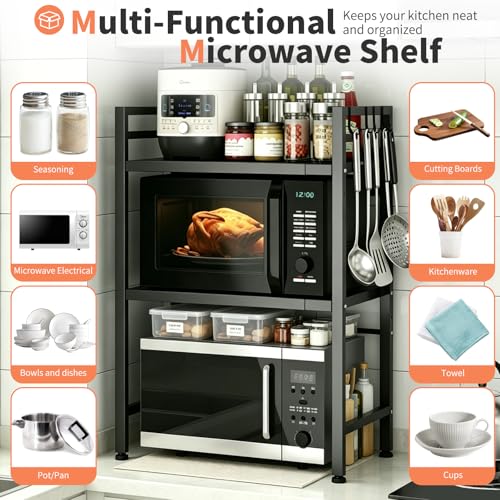 Microwave Oven Rack, Heavy Duty 3-Tier Adjustable Shelf Microwave Stand, Expandable Kitchen Countertop Shelf Organizer with 6 Hooks, 100lbs Weight Capacity for kitchen organizers and storage, Black - size: Adjustable 3 Tier