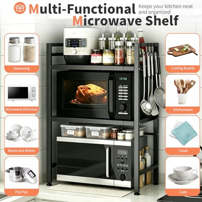 Microwave Oven Rack, Heavy Duty 3-Tier Adjustable Shelf Microwave Stand, Expandable Kitchen Countertop Shelf Organizer with 6 Hooks, 100lbs Weight Capacity for kitchen organizers and storage, Black - size: Adjustable 3 Tier