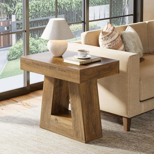 Tribesigns 24" Modern Side Table, 2-Tier Narrow Wooden End Table with Trapezoid Base, Farmhouse Small Nightstand for Living Room, Bedroom (1, Brown) - color: Brown