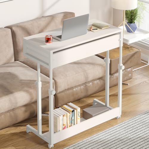 Tribesigns Portable Desk with Drawers, Mobile Laptop Desk with Wheels, Sofa Side Table Bed Desks, Small Standing Desk for Home Office (White) - color: White