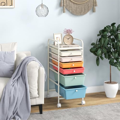 DREAMADE Rolling Cart With Storage Drawers, Utility Cart With Removable Plastic Drawers, Lockable Wheels for Classroom Organization, Art Supplies, Office, Scrapbook (6 Drawers, Macaron) - color: Macaron, style: 6 Drawers