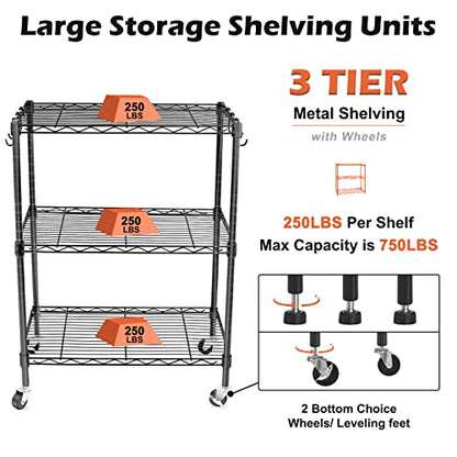 3-Tier Storage Shelves, Heavy Duty Metal Shelves Wire Rack Shelving Unit, Adjustable Shelf with Wheels for Home Office Garage Kitchen Bathroom, 24" D x 14" W x 32" H - size: 3tier 24"D x 14"W x 32"H
