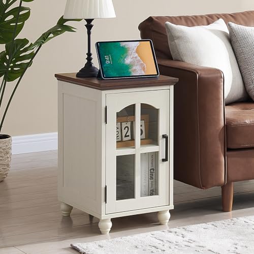 RWYHG Narrow Side Table, Farmhouse Nightstand with Charging Station | End Tables with Glass Barn Door, Cabinet Organizer with Adjustable Shelf, Night Stand for Small Spaces Living Room Bedroom - color: White, size: Set 1
