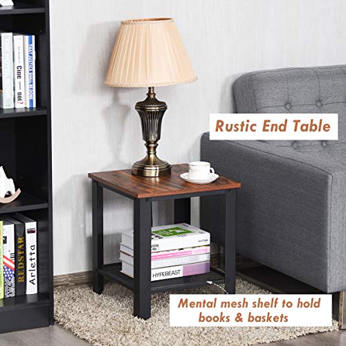 Small Side Table, 2-Tier End Table with Mesh Shelves & Metal Frame, Industrial Sofa Side Table w/Adjustable Feet for Living Room, Nightstand for Small Space, Dorm, Bedroom (1)