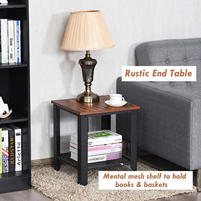 Small Side Table, 2-Tier End Table with Mesh Shelves & Metal Frame, Industrial Sofa Side Table w/Adjustable Feet for Living Room, Nightstand for Small Space, Dorm, Bedroom (1)
