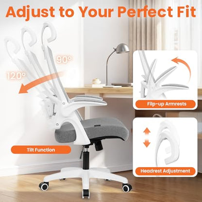 NEO CHAIR Office Desk Chair Gaming Computer High Back Support Mesh Comfy Seat with Adjustable Ergonomic Headrest Lumbar Rolling Flip-up Armrests and Wheels (Grey) - color: Grey