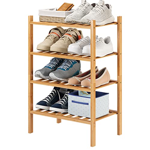 Small Shoe Rack, 4-Tier Bamboo Stackable Shoe Shelf Storage Organizer, Shoe Stand for Closet, Entryway and Hallway - color: Natural, size: 4-Tier-Short