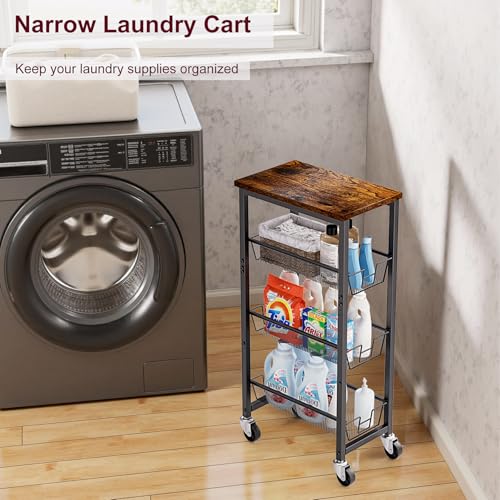 Slim Rolling Cart, 4-Tier Storage Cart, 9.1inch Narrow Kitchen Rolling Cart on Wheels for Small Space, Utility Cart Shelving Unit with Wooden Top and Metal Handle for Kitchen, Bathroom, Laundry Room - size: 4 Tiers (9.1"D x 30.3"H)