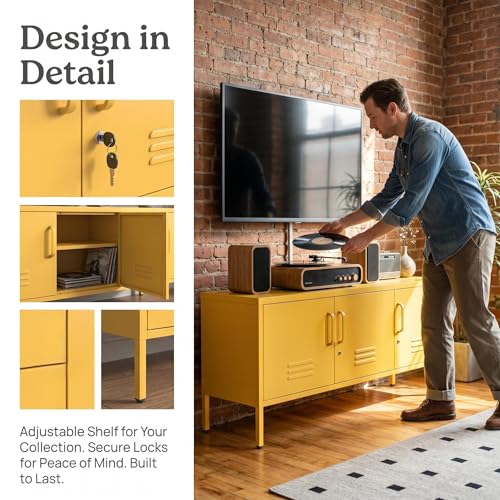 3 Door Lockable Metal TV Stand Storage Cabinet with Accent Cabinet Locker, Wide Heavy Duty Media Console for Large 100+ Inch TVs, Home Office Entertainment Center, Yellow 22"H X 47.3"W X 13.8"D - color: Mustard, style: TV stand-22"H-LM
