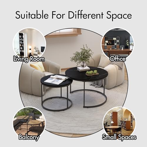 Nesting Coffee Table Set of 2 Round Side Tables, 27.6 Inch Marble Top Coffee Table with Metal Frame for Small Space, Living Room, Bedroom, Balcony & Apartment(Black) - color: Black
