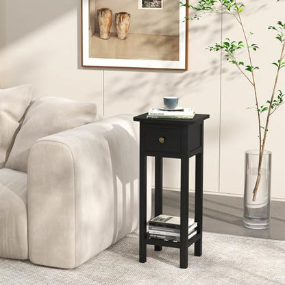 Tangkula 2-Tier Narrow Side Table with Drawer, Acacia Wood Tall End Table for Small Spaces, Farmhouse Slim Bedside Table with Open Shelf, Nightstand for Living Room, Bedroom, No Assembly (2, Black) - color: Black