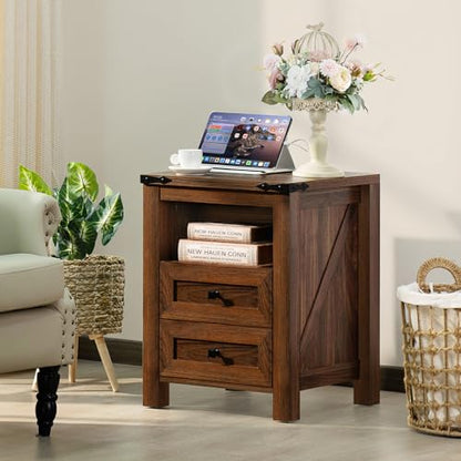 Joaxswe Nightstands Set of 2 with Charging Station, Farmhouse Side End Table with 2 Drawers and Open Shelf, Wood Rustic Sofa Table, Bedside Cabinet for Bedroom, Living Room, Closet, Office(Brown) - color: Brown, size: 2 pack