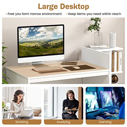 Tangkula White Desk with 2 Storage Drawers & Bookshelf, Home Office Desk with Corner Bookshelf & Printer Stand, Small Writing Study Desk for Small Space, Modern Vanity Table for Bedroom (White)