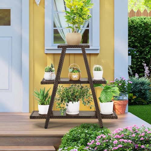 Outdoor Plant Stand for Patio 3 Tier Plant Stand Shelf with Wicker Poly Lumber Flower Stand Holder Tiered Multi Ladders Plant Holder Display Rack with Adjustable Feet for Outside Balcony Porch Brown