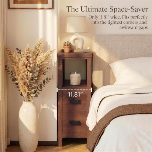 Narrow Nightstand with Charging Station, 24.4" H Slim Side Table with 2 Drawers, Bedside Table for Small Spaces, Modern End Table with Low Profile Legs (Walnut) - color: Walnut