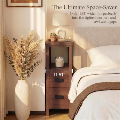 Narrow Nightstand with Charging Station, 24.4" H Slim Side Table with 2 Drawers, Bedside Table for Small Spaces, Modern End Table with Low Profile Legs (Walnut) - color: Walnut