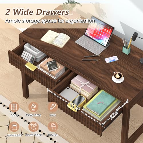 YOMILUVE Fluted Computer Desk with 2 Drawers, 39 Inch Small Computer Desk with Storage, Compact Writing Study Desk for Small Spaces, Walnut - color: Walnut