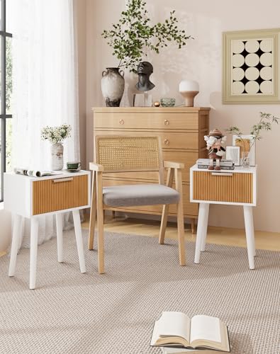 YMYNY Narrow Fluted Nightstand Set of 2, Small End Table, Modern Coffee Table with Drawer, Solid Wood Legs, Retaining Chain, for Bedroom and Small Spaces, White and Natural UHST014WN-2 - color: White and Natural