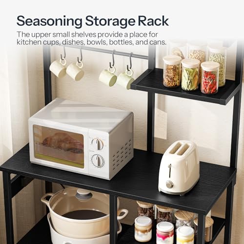 HOOBRO Large Bakers Rack with Power Outlets, 6-Tier Microwave Stand with 4 Hooks, Coffee Bar, Kitchen Shelf with Wire Basket, for Kitchen, Living Room, Office, Black BB64UHB01 - color: Black