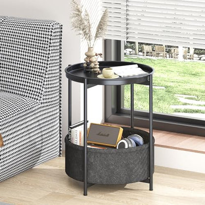 Garden 4 you Side Table with Fabric Storage Basket, Round Metal End Table, Small Bedside Table Nightstand with Removable Tray, for Nursery, Living Room, Bedroom, Bathroom, Black - color: Black