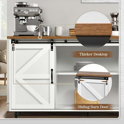 4ever2buy Farmhouse Coffee Bar Cabinet with Storage, 58'' Sideboard Buffet Cabinet with Sliding Barn Door, White Coffee Bar with Gourd Feet, Farmhouse Cabinet for Living Room