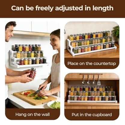 Expandable Spice Rack Organizer for Cabinet, 3 Tier Metal Spice Organization,16"-29.5" Wide Adjustable Seasoning Organizer, Display Shelf, Canned Goods Organizer for Pantry Kitchen Countertop, White - size: Large-White- Fits 10.9" Deep Cabinet