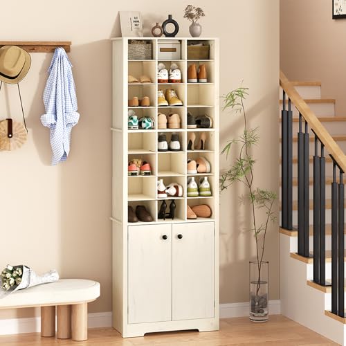HOMMPA 72'' Beige Tall Shoe Cabinet, Freestanding Tall Shoe Rack with Bottom Cabinet, 8-Tier 24 Cubbies Wooden Shoe Storage Organizer with Adjustable Shelves for Entryway, 13" D x 24" W x 72" H