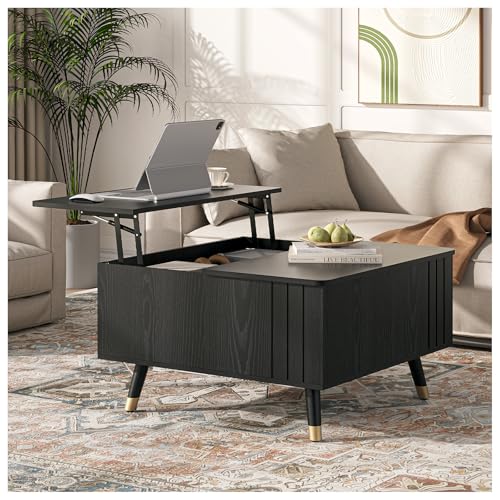Lift Top Coffee Table with Storage, 32" Black Center Table for Living Room, Square Dinning Table with Solid Wood Legs - color: Black, size: Square