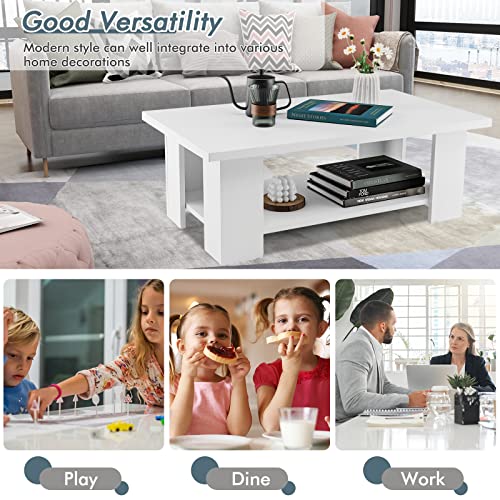 Tangkula 2-Tier Coffee Table, Modern Rectangular Center Cocktail Table with 5 Support Legs, Wooden Accent Living Room Furniture, Small Coffee Table for Small Spaces, Easy Assembly (White) - color: White