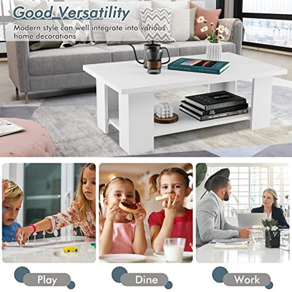Tangkula 2-Tier Coffee Table, Modern Rectangular Center Cocktail Table with 5 Support Legs, Wooden Accent Living Room Furniture, Small Coffee Table for Small Spaces, Easy Assembly (White) - color: White