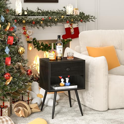 VECELO Nightstands Set of 2, Mid Century Modern End Bedside Table, Night Stand with Storage Drawer and 2 Tiers Open Shelf for Small Place, Bedroom, Living Room, Easy Assembly, Black - color: Black