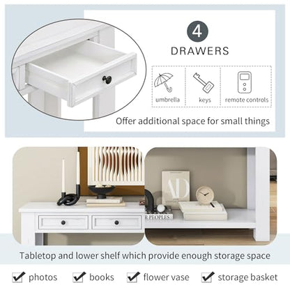 LKTART 63" Console Table for Entryway,Solid Wood Sofa Table with 4 Drawers | 2-Tier Solid Pine Wood Sofa Table,63" Entryway Table with Drawers ,Farmhouse Console Table for Hallway,Foyer,Antique White - color: Antique White