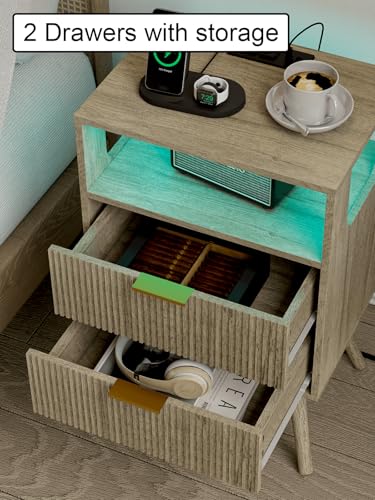 Leomonio Nightstand with Charging Station and LED Lights, Modern Bedside Table with 2 Storage Drawer and Open Wood Shelf for Bedroom and Small Spaces, Night Stand with Solid Wood Legs - color: Grey Oak-outlet
