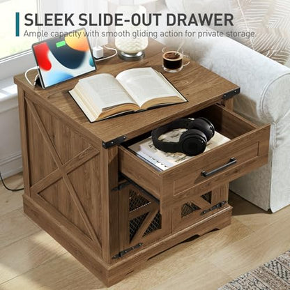 RALGEND Walnut Farmhouse End Table with Charging Station, 24" Large Sofa Side Table with Drawer, Large End Table for Living Room, Wooden Nightstand with Outlet, Square, Walnut - color: Walnut