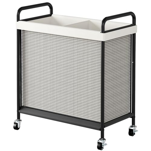 WOWLIVE Laundry Hamper 2 Section, 100L Rolling Laundry Basket with wheels and Removable Liner Bag, Double Laundry Sorter with Metal Handle, Clothes Hamper for Laundry Room, Bathroom and Dorm, Beige - size: 2-Section