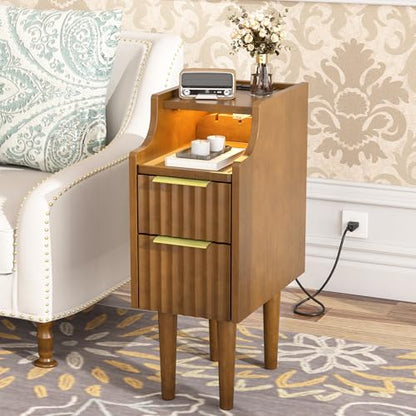 Fluted Narrow Nightstand with Charging Station, Solid Wood Night Stand with 2 Drawers, Walnut Mid Century Modern Led Nightstand, Small Beside Table with Open Storage Shelf for Bedroom （10 inch） - color: Walnut