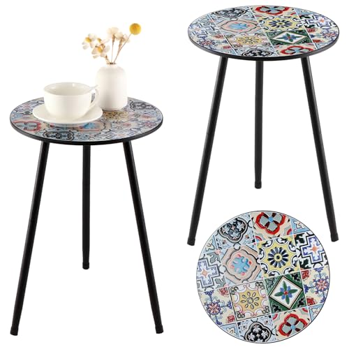 2 Packs Metal Mosaic Round Side Tables 13.4" Small Outdoor Patio Round Accent Coffee Tables Indoor Corner Stand for Small Spaces Weather-Resistant for Balcony, Porch Plant Stands Indoor, Mixed Mosaic - color: Mixed Mosaic, style: 2 packs/ 13.4 in