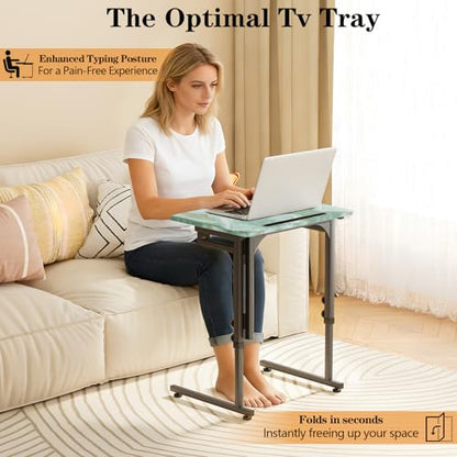 Adjustable Folding TV Tray, C-Shaped FoldableTable, No assembly(Sea Blue) | Heavy-duty steel frame, Height adjustable, Folds flat for storage, For Couch, Small Space, Living room - color: Sea Blue+black