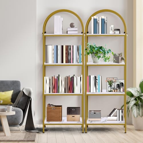 Garvee Arched Bookshelf 4 Tier,Arched Display Racks,Tall Standing Bookshelves with Metal Frame,Modern Open Storage Shelf Display Rack for Bedroom, Living Room, Home Office - color: 4-tier Reinforce-white+gold