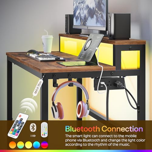 YATINEY Small Computer Desk with Charging Station and LED Lights, Gaming Desk with Monitor Stand, 2-Tier Home Office Desk with 4 Side Hooks, for Living Room, Home Office, Rustic Brown DN01UDBRY2 - color: Rustic Brown + Black