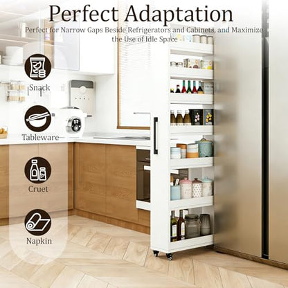 Rolling Spice Rack Next To Side Of Fridge Storage Slim Narrow Shelf Lightweight 7 Tier Wooden Storage Cart For Kitchen , Dining Room, Bathroom, Small Spaces (White, 72.4"H x 9.8"W x 21.6"D) - color: White