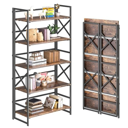 4NM 5 Tiers No Assembly Book Shelves, 51.2" H Folding Bookshelf Bookcase Open Industrial Foldable Shelves for Bedroom, Living Room, Home Office - Rustic Brown Black - color: Rustic Brown Black, size: XX 5-Tier