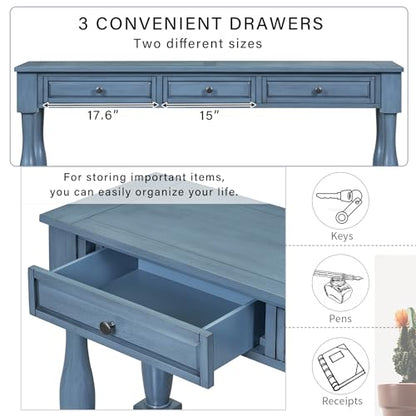 Merax Console Table with 3 Storage Drawers and Bottom Shelf, Entryway Table for Living Room, Easy Assembly, Navy