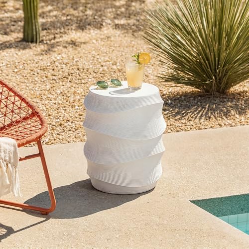 White Textured Wave Drum Side Table, Indoor Outdoor Round Accent End Table, Modern Sculptural Garden Stool Plant Stand for Patio Living Room Bedroom Entryway