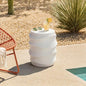 White Textured Wave Drum Side Table, Indoor Outdoor Round Accent End Table, Modern Sculptural Garden Stool Plant Stand for Patio Living Room Bedroom Entryway