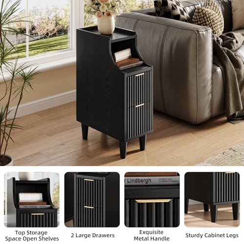 7.9" Narrow Fluted Nightstand Set of 2,Slim Side End Table with 2 Drawers,Black Modern Bedside Table,Skinny Night Stand for Small/Compact Space, Motorhome (Black) - color: Black