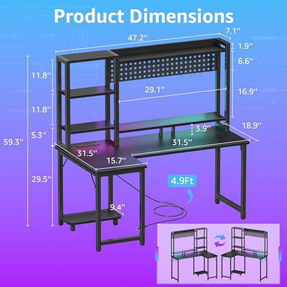 L Shaped Gaming Desk with Shelves - 48 inch Corner Computer Desks with Storage Hutch Shelf Reversible Pegboard Led Lights Power Outlets PC Monitor Stand for Bedroom, Black