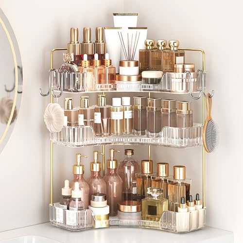 Corner Bathroom Counter Organizer 3-Tier Bathroom Organizer | Storage Countertop with Hooks Perfume Organizers Storage Shelf for Makeup & Skincare Dresser-Clear - color: Clear, size: 3 Tier