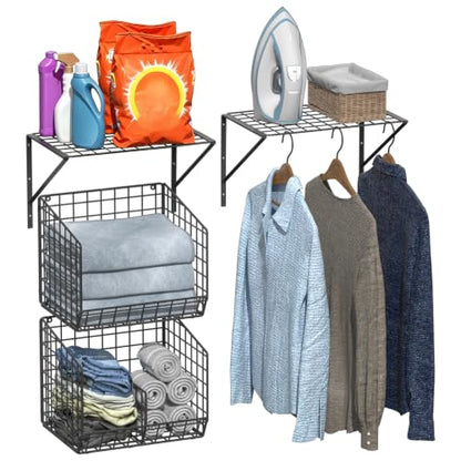 2 Pack Laundry Room Shelves with Wire Baskets, Over the Washer and Dryer Shelf, Wall Mounted Storage and Clothes Drying Rack, Wire Shelves Baskets for Laundry Closet Organization and Storage-Black