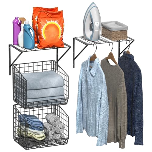 2 Pack Laundry Room Shelves with Wire Baskets, Over the Washer and Dryer Shelf, Wall Mounted Storage and Clothes Drying Rack, Wire Shelves Baskets for Laundry Closet Organization and Storage-Black